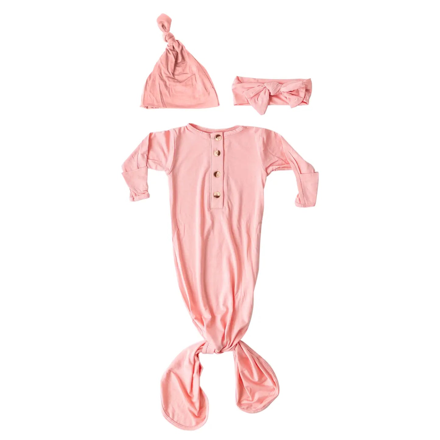 Knotted Baby Gown, Hat & Headband Set (Newborn - 3 mo) -Pink