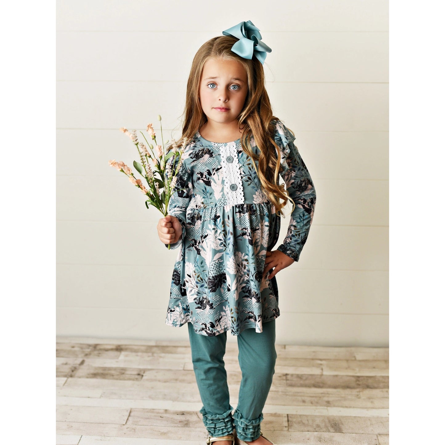 Sage Green Floral Tunic Top & Legging Pants Set