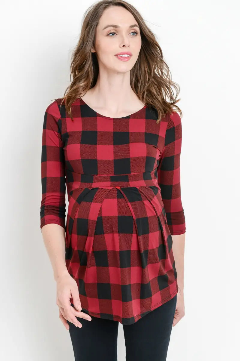 RED PLAID FRONT PLEAT MATERNITY TOP