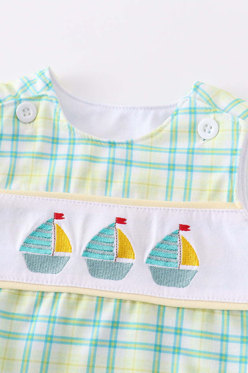 Sailboat Embroidery gingham Baby Boy Bubble