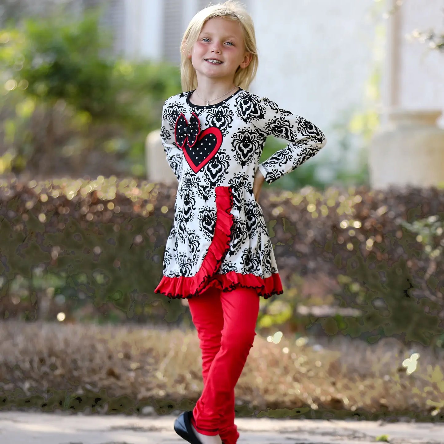 Damask Heart Red Leggings Valentine's Day Set