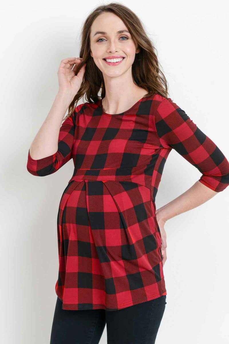 RED PLAID FRONT PLEAT MATERNITY TOP