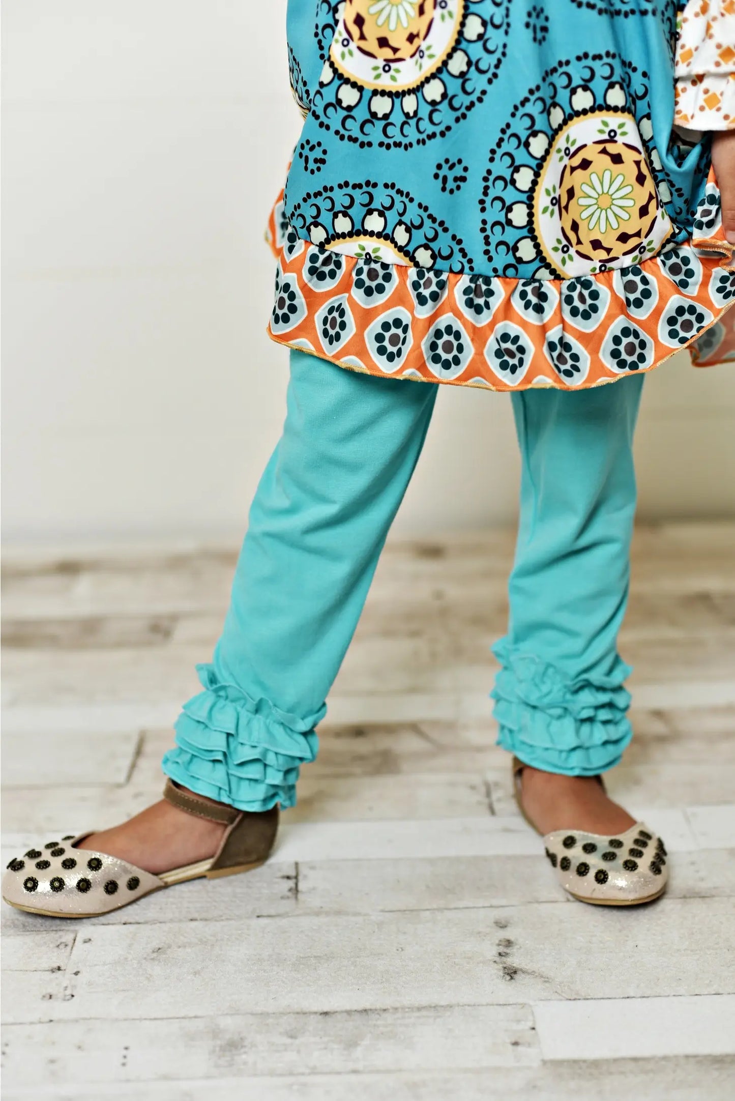 Kids Teal & Tan Button Ruffle Leggings Two Piece Set