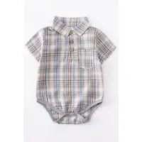 Brown/Blue Plaid Boy Shirt Romper