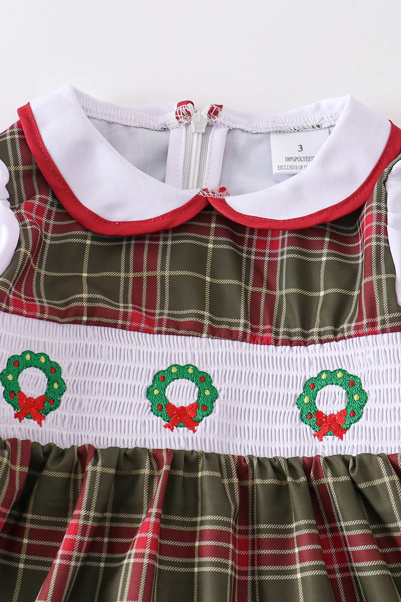 Christmas Wreath Embroidered Smocked Dress