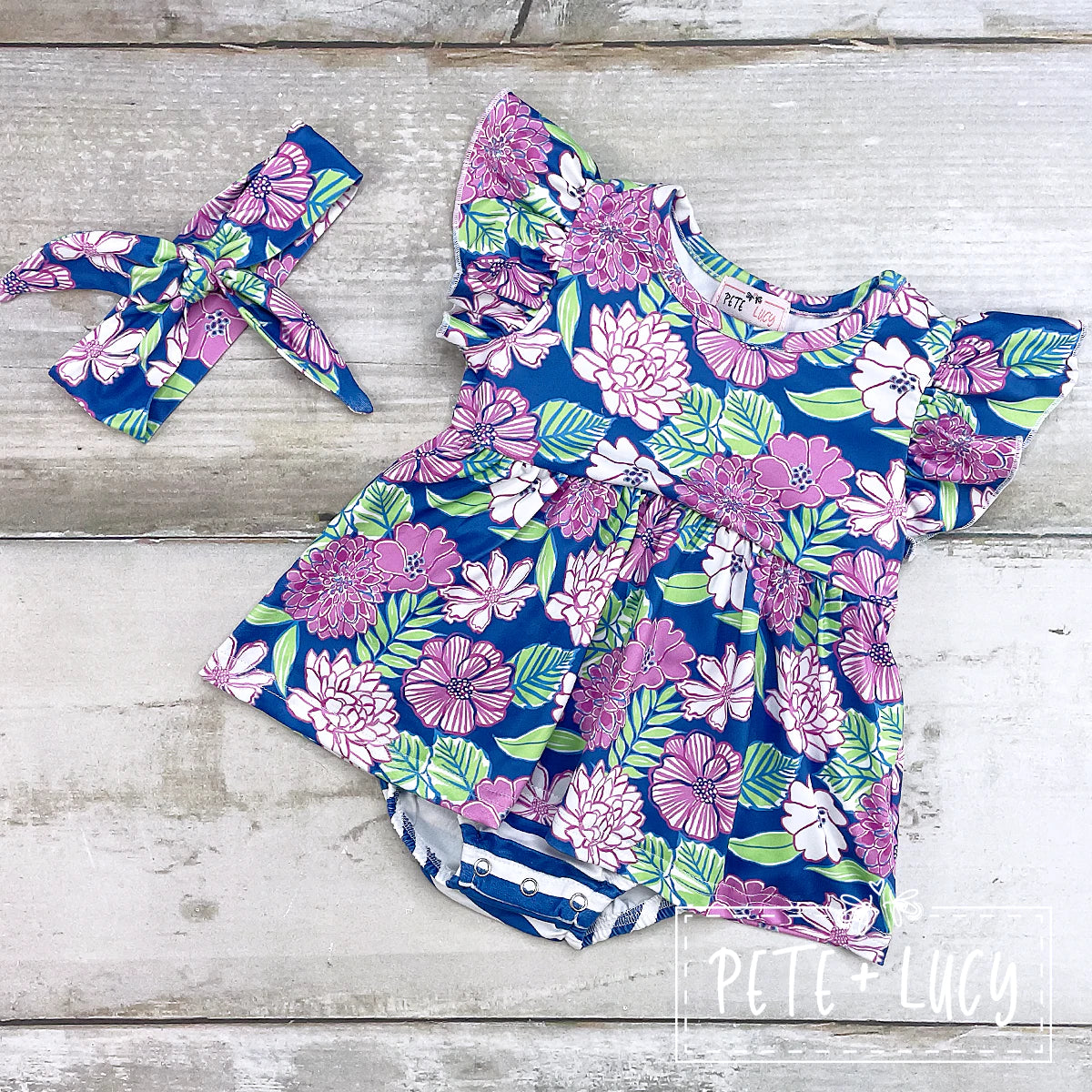 Blue and Pink Floral Infant Girl's Romper