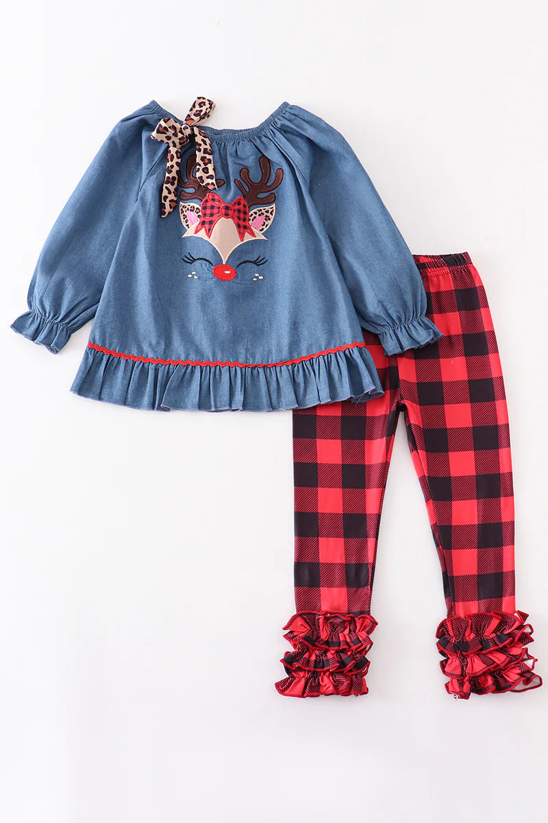 Deer Plaid Applique Pants Set