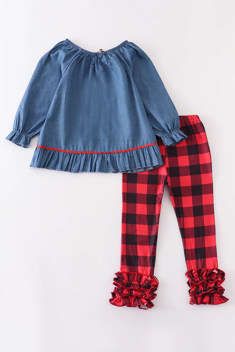 Deer Plaid Applique Pants Set