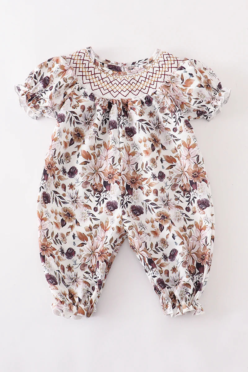 Brown Floral Smocked Romper