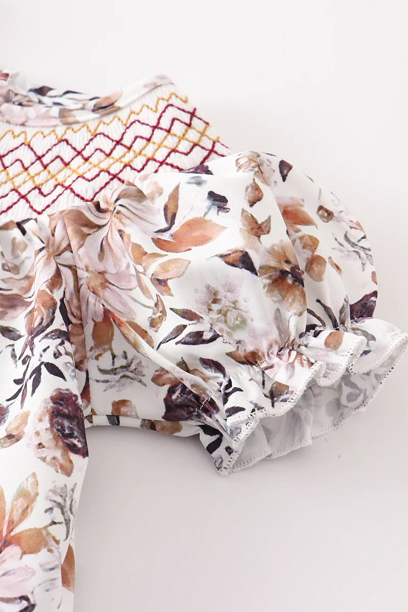 Brown Floral Smocked Romper