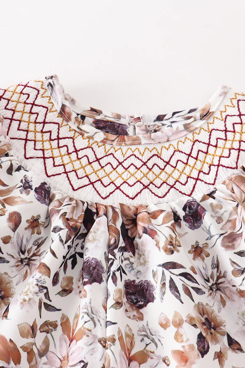 Brown Floral Smocked Romper
