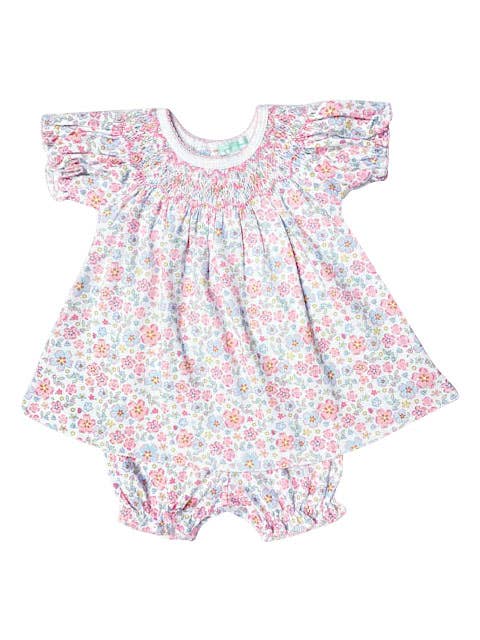 Large Flower Print Smocked Pima Cotton Bishop Dress Set