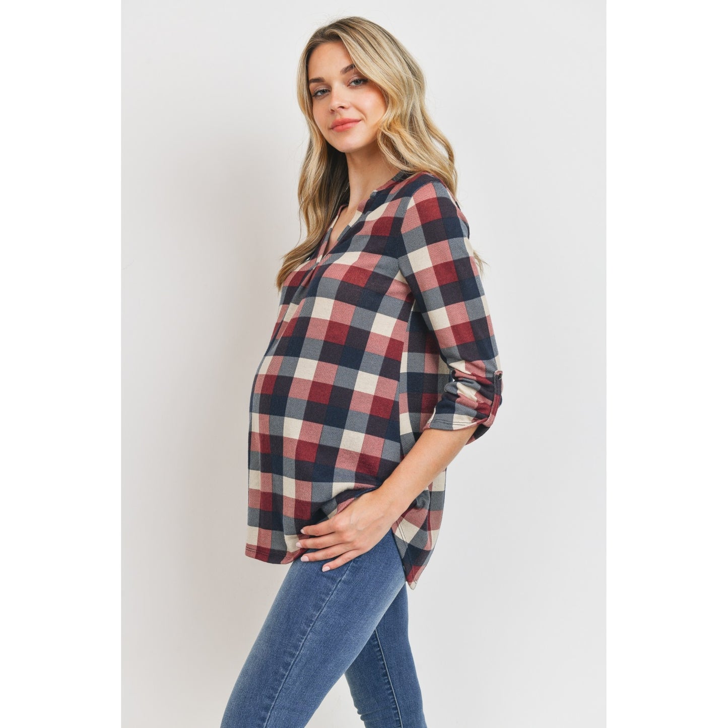 Hacci Checker V-Neck Maternity Tunic Blouse
