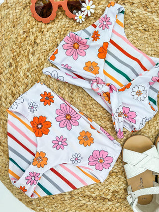 RTS: Retro flower and stripes kids reversible swim