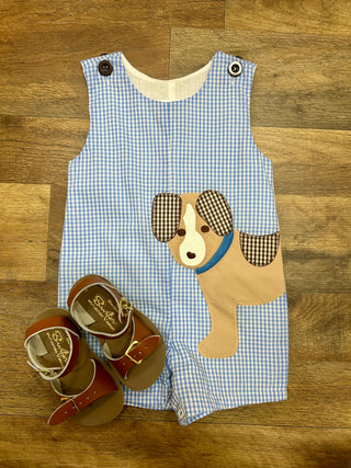 BLUE GINGHAM PUPPY ROMPER - BOY