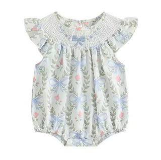 PRE-ORDER Soft Blue Bow Embroidered Smocked Romper