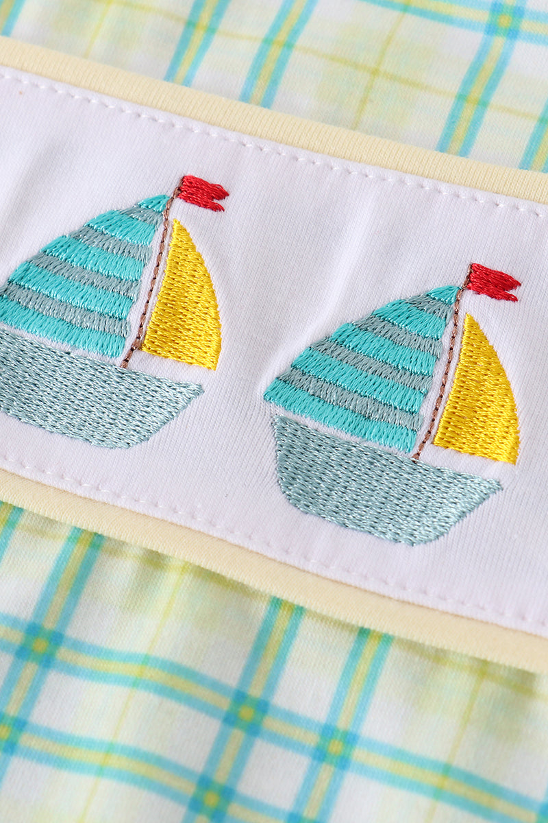 Sailboat Embroidery gingham Baby Boy Bubble