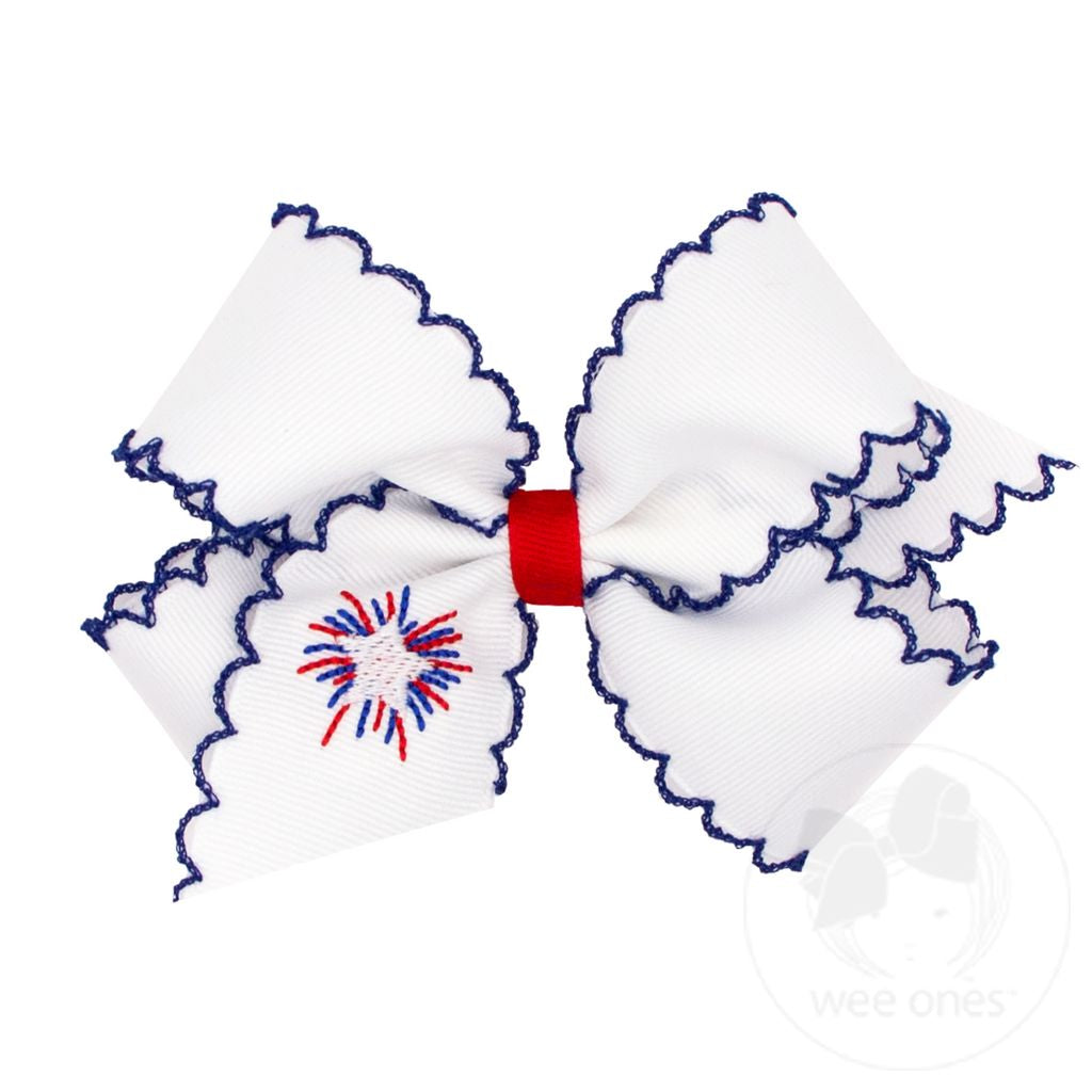 Grosgrain Firework Embroidered Girls Hair bow with Moonstitch Edging