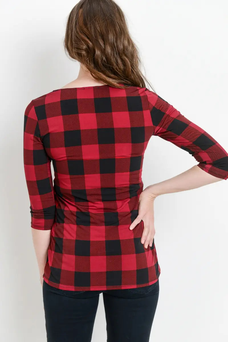 RED PLAID FRONT PLEAT MATERNITY TOP