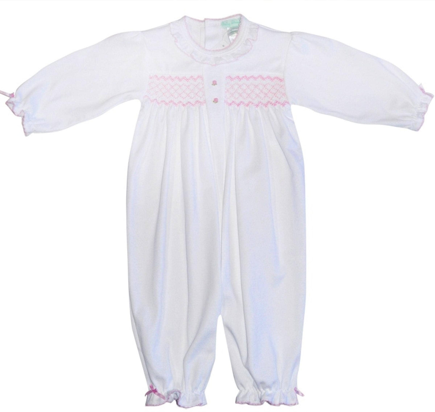 White Smocked Baby Girl Pima Cotton Converter Gown w/Ruffles