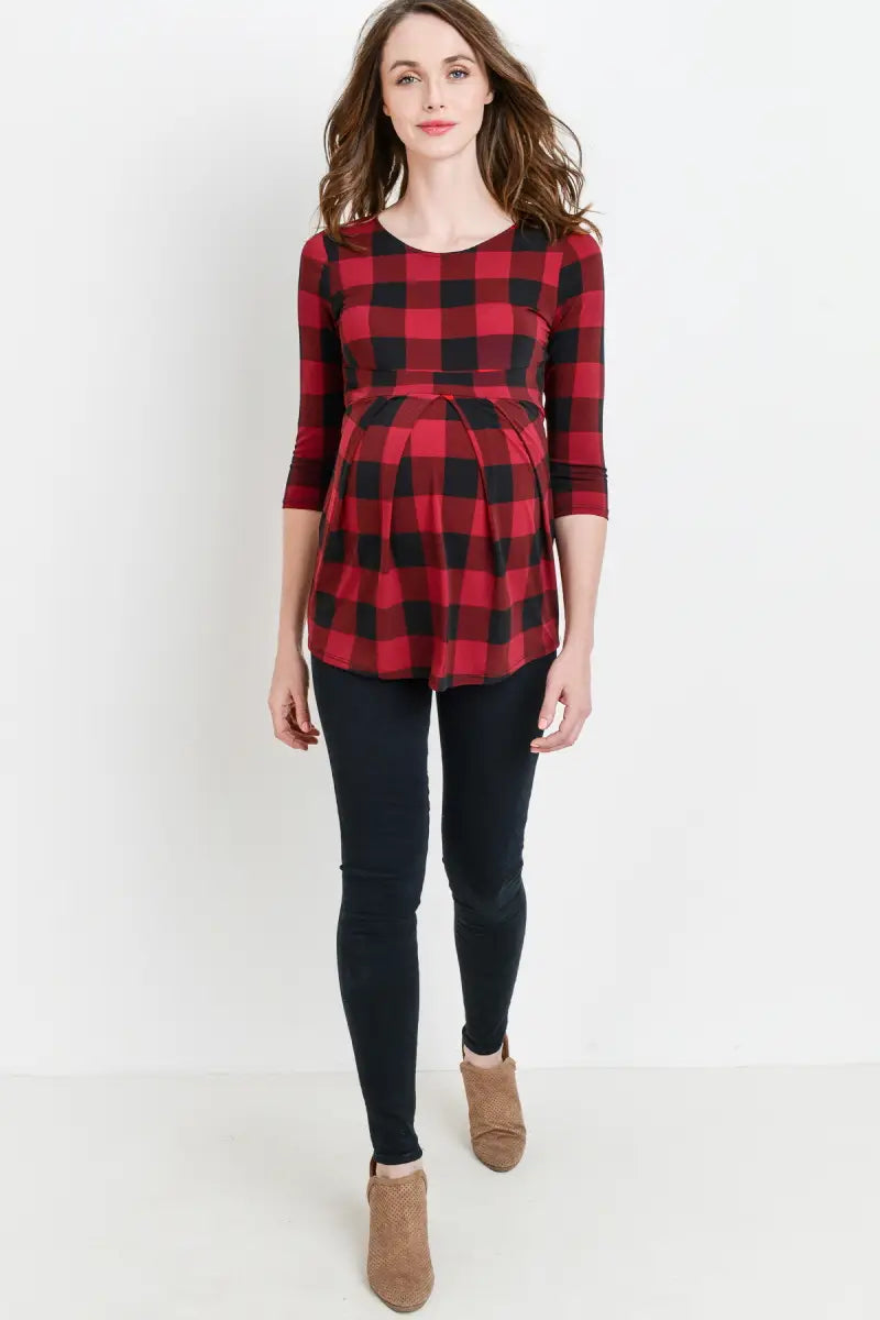 RED PLAID FRONT PLEAT MATERNITY TOP