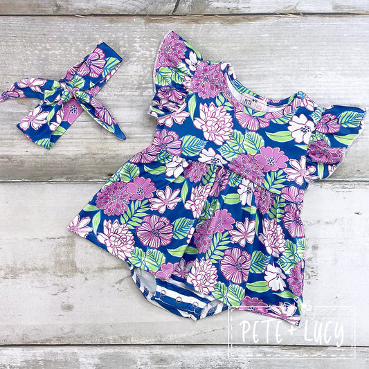 Blue and Pink Floral Infant Girl's Romper
