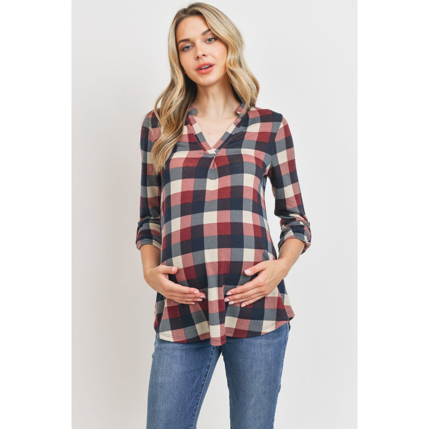 Hacci Checker V-Neck Maternity Tunic Blouse