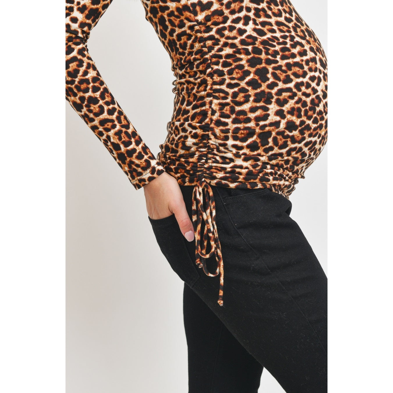 Leopard Side Ruching W Tie Mock Neck Maternity Top